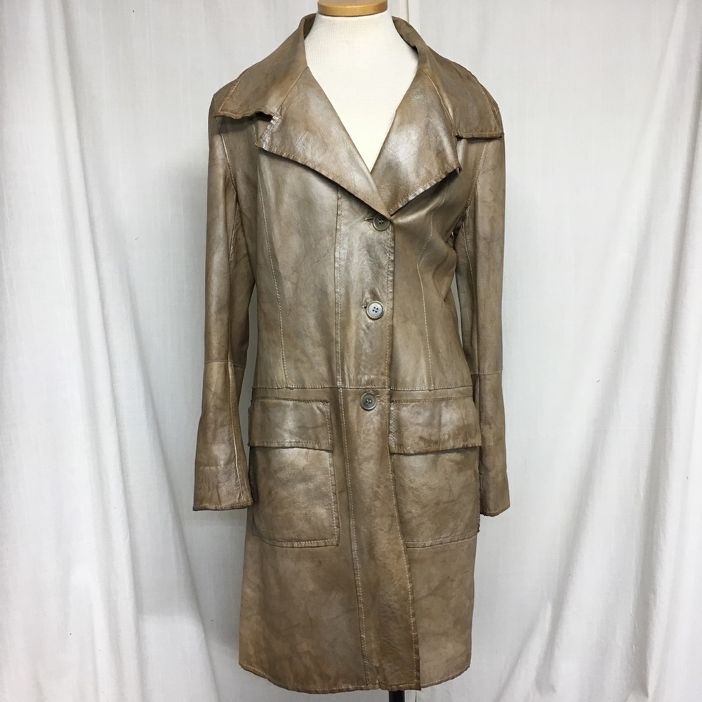 BLUR Distressed Leather Trench Coat, gold tones! Size 48 8 m